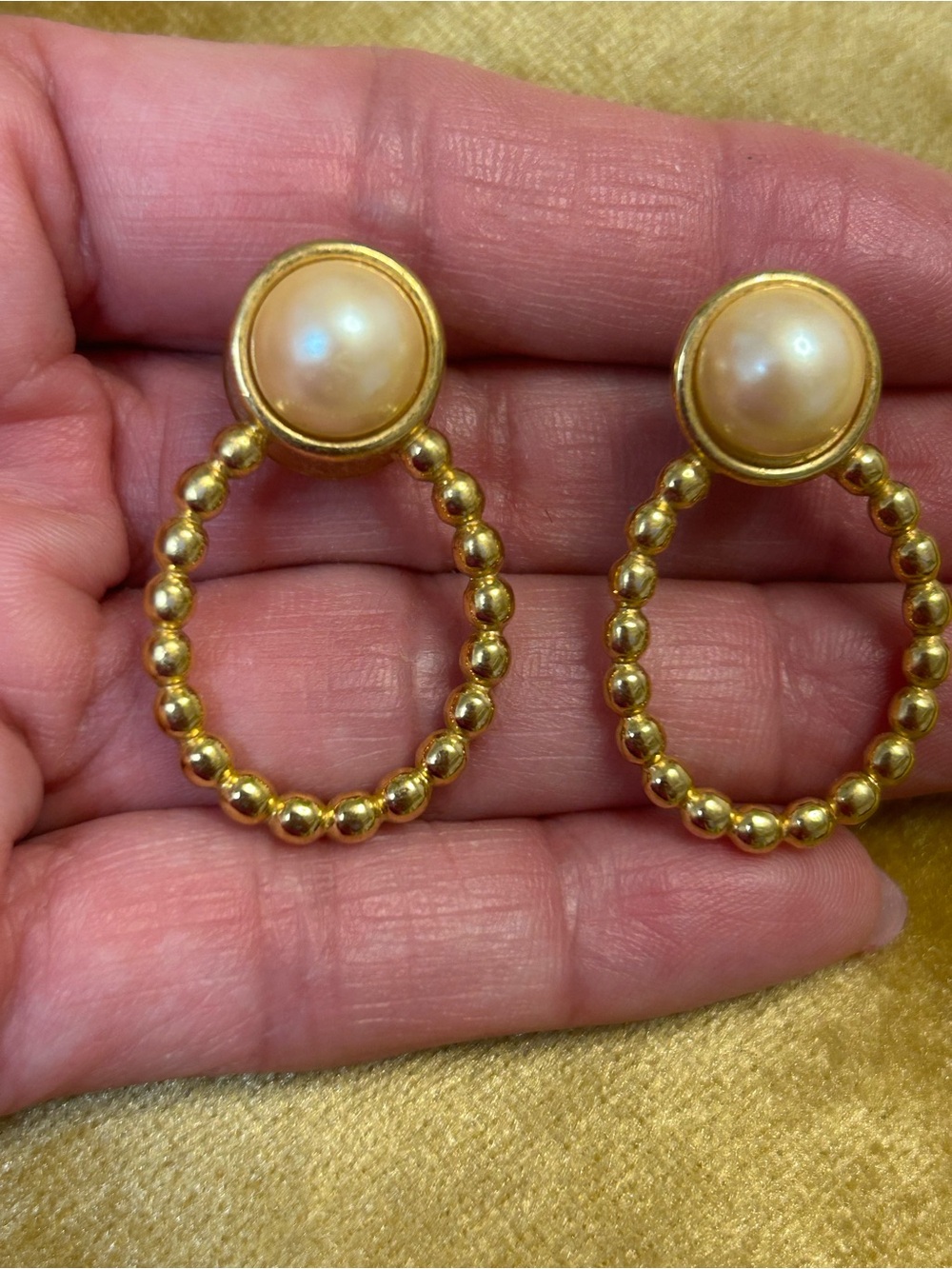 Avon Gold-Beaded Hoop Earrings with Cream Faux Pearls